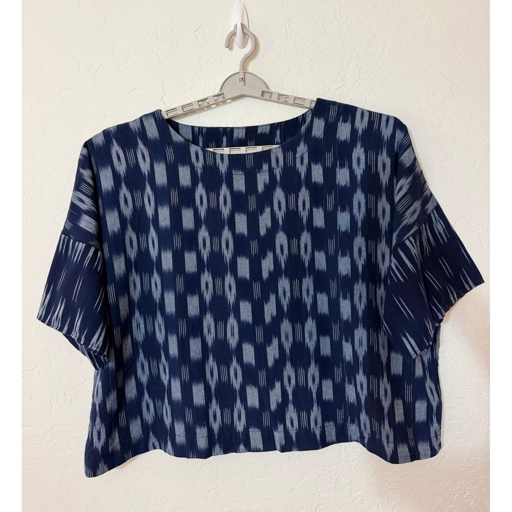 Pure Jill Indigo J. Jill Blue Ikat Cotton Boxy Top Blouse XL